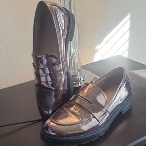 JustFab Glossy Silver Loafers